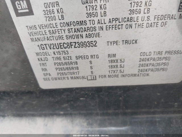 Aukcja sprzedaży 2015 Gmc Sierra 1500 Sle, vin: 1GTV2UEC8FZ399352, numer aukcji: 45144134