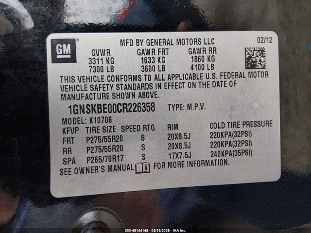 Продаж на аукціоні авто 2012 Chevrolet Tahoe Lt, vin: 1GNSKBE00CR226358, номер лоту: 45144145
