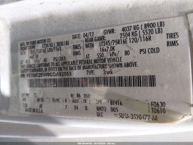 Aukcja sprzedaży 2012 Ford E-250 Commercial, vin: 1FTNE2EW8CDA92553, numer aukcji: 45144164