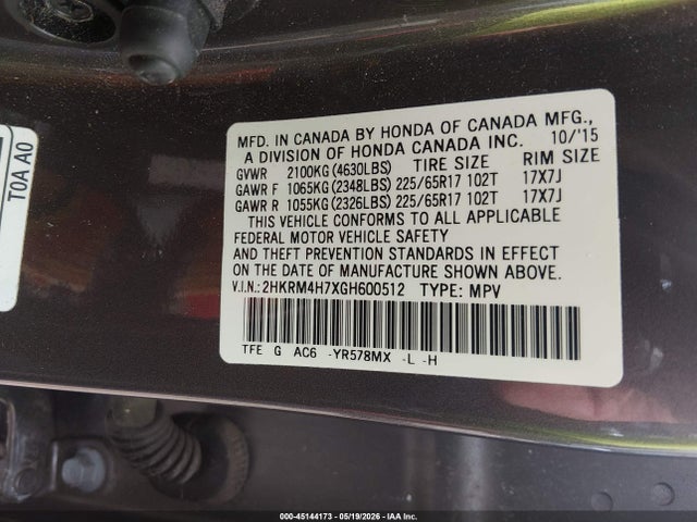 Продаж на аукціоні авто 2016 Honda Cr-v Ex-l, vin: 2HKRM4H7XGH600512, номер лоту: 45144173