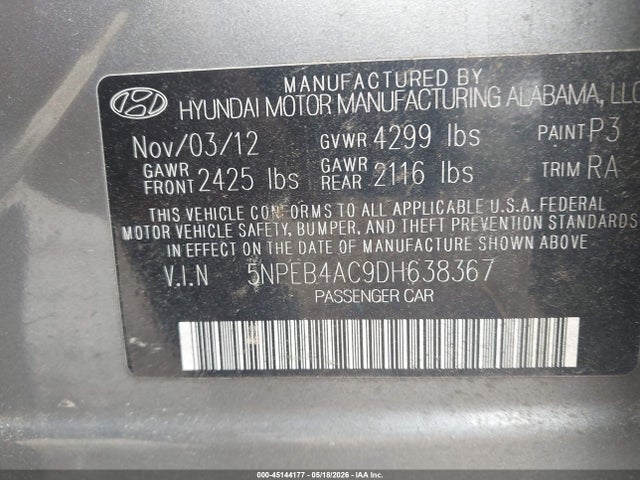 Aukcja sprzedaży 2013 Hyundai Sonata Gls, vin: 5NPEB4AC9DH638367, numer aukcji: 45144177