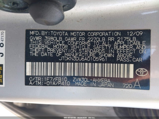 45144180 :رقم المزاد ، JTDKN3DU6A0105961 vin ، 2010 Toyota Prius Ii مزاد بيع