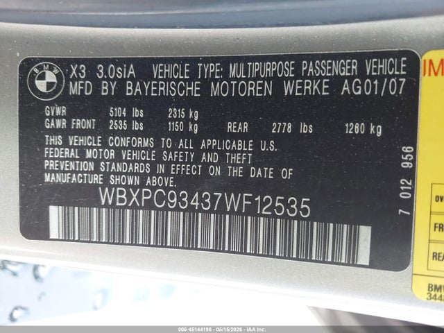 Продаж на аукціоні авто 2007 Bmw X3 3.0si, vin: WBXPC93437WF12535, номер лоту: 45144198