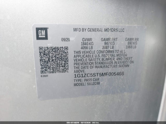 Продажа на аукционе авто 2021 Chevrolet Malibu Fwd 1fl, vin: 1G1ZC5ST5MF005466, номер лота: 45144215