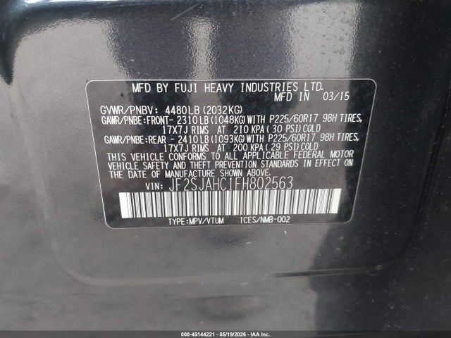 Aukcja sprzedaży 2015 Subaru Forester 2.5i Limited, vin: JF2SJAHC1FH802563, numer aukcji: 45144221