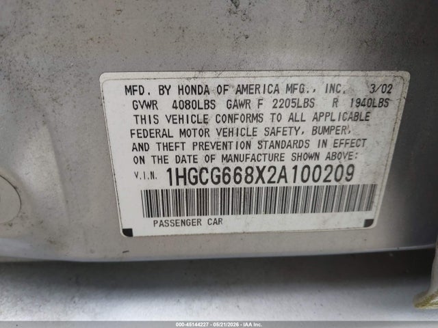 Aukcja sprzedaży 2002 Honda Accord 2.3 Ex/2.3 Se, vin: 1HGCG668X2A100209, numer aukcji: 45144227