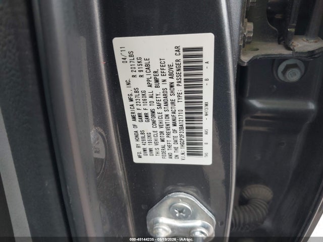45144235 :رقم المزاد ، 1HGCP2F33BA121710 vin ، 2011 Honda Accord 2.4 Lx مزاد بيع
