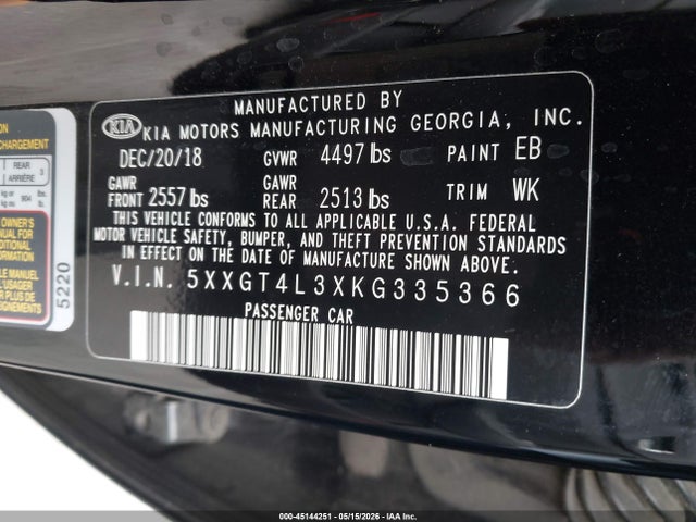 KIA Optima Lx 2019 5XXGT4L3XKG335366 Image 9