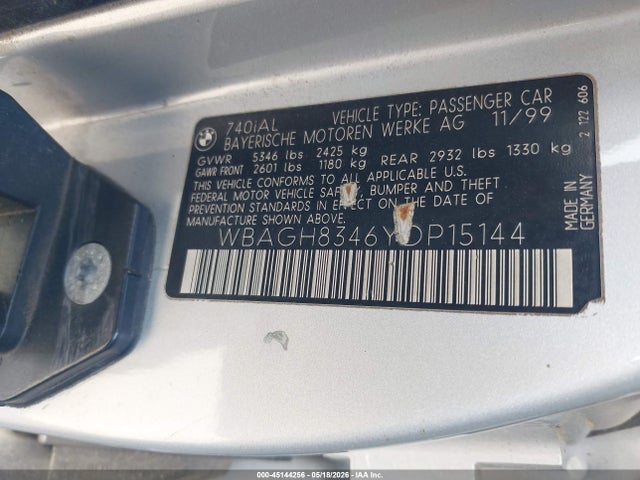 45144256 :رقم المزاد ، WBAGH8346YDP15144 vin ، 2000 Bmw 740il مزاد بيع