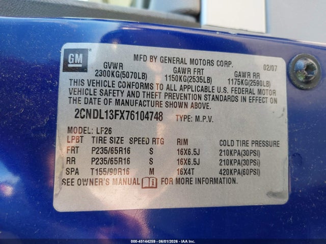 Aukcja sprzedaży 2007 Chevrolet Equinox Ls, vin: 2CNDL13FX76104748, numer aukcji: 45144259