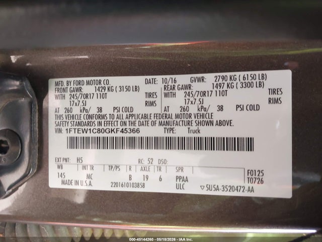 2016 Ford F-150 Xlt მანქანა იყიდება აუქციონზე, vin: 1FTEW1C80GKF45366, აუქციონის ნომერი: 45144260