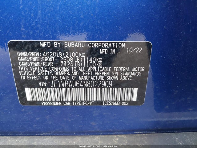 45144271 :رقم المزاد ، JF1VBAU64N8022909 vin ، 2022 Subaru Wrx Gt مزاد بيع