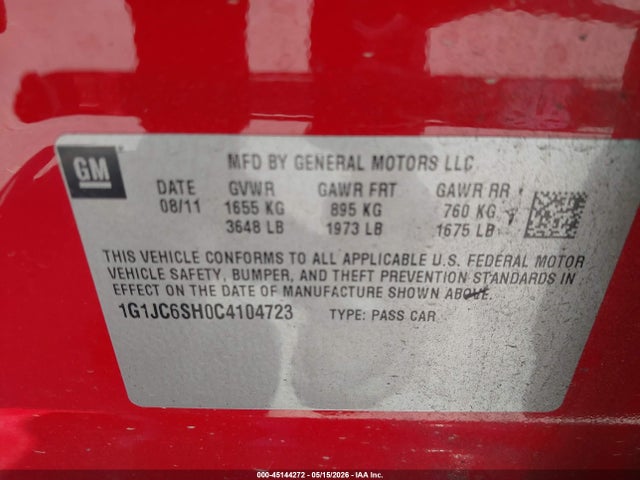 2012 Chevrolet Sonic 2lt მანქანა იყიდება აუქციონზე, vin: 1G1JC6SH0C4104723, აუქციონის ნომერი: 45144272