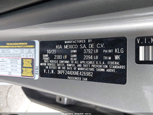 Продаж на аукціоні авто 2022 Kia Forte Lxs, vin: 3KPF24AD6NE426982, номер лоту: 45144273