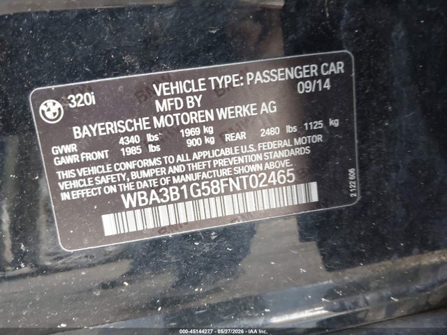Продажа на аукционе авто 2015 Bmw 320i, vin: WBA3B1G58FNT02465, номер лота: 45144277