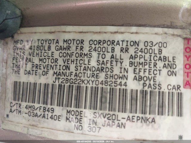 Aukcja sprzedaży 2000 Toyota Camry Le, vin: JT2BG22KXY0482544, numer aukcji: 45144285