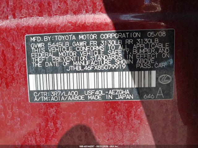 Aukcja sprzedaży 2008 Lexus Ls 460, vin: JTHBL46FX85079919, numer aukcji: 45144287