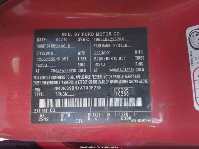 Aukcja sprzedaży 2010 Ford Transit Connect Xlt, vin: NM0KS9BNXAT035285, numer aukcji: 45144293