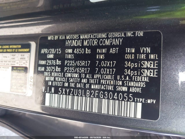45144308 :رقم المزاد ، 5XYZU3LB2FG304055 vin ، 2015 Hyundai Santa Fe Sport 2.4l مزاد بيع