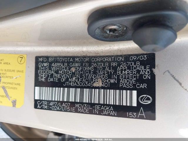 45144310 :رقم المزاد ، JTHBA30G345005401 vin ، 2004 Lexus Es 330 مزاد بيع