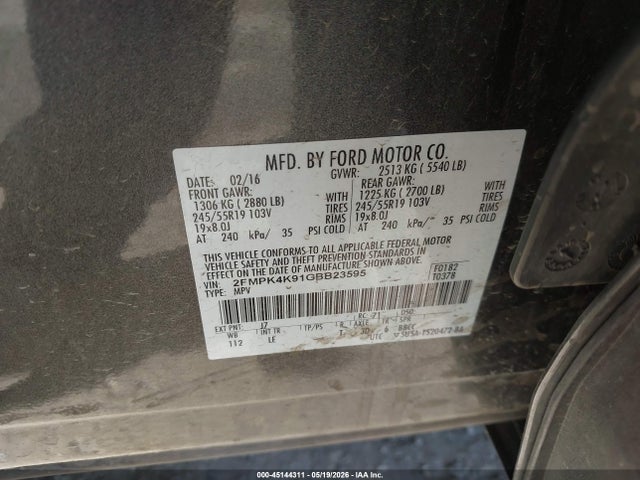 2016 Ford Edge Titanium მანქანა იყიდება აუქციონზე, vin: 2FMPK4K91GBB23595, აუქციონის ნომერი: 45144311