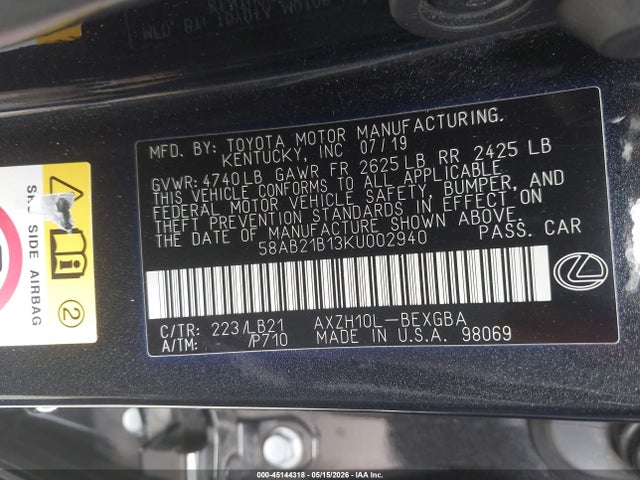 Lexus Es 300h Luxury 2019 58AB21B13KU002940 Image 9