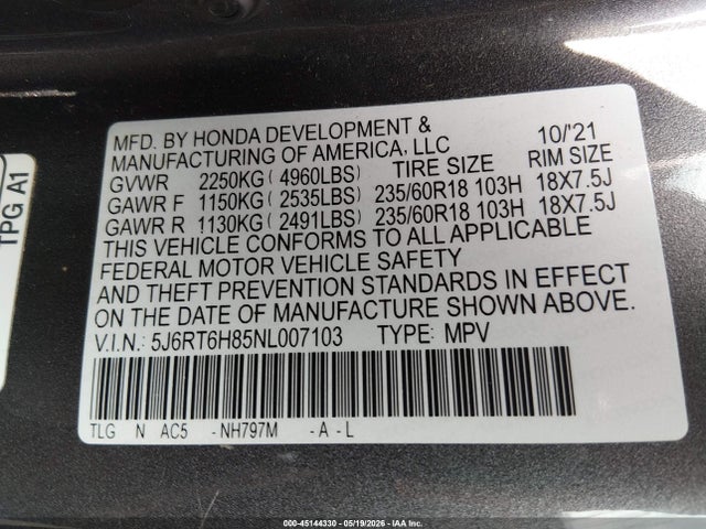 2022 Honda Cr-v Hybrid Ex-l მანქანა იყიდება აუქციონზე, vin: 5J6RT6H85NL007103, აუქციონის ნომერი: 45144330