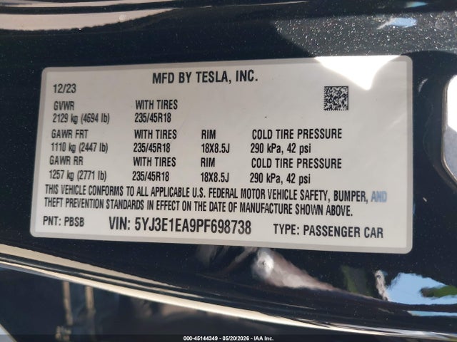 2023 Tesla Model 3 Rear-wheel Drive მანქანა იყიდება აუქციონზე, vin: 5YJ3E1EA9PF698738, აუქციონის ნომერი: 45144349