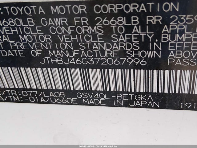 2007 Lexus Es 350 მანქანა იყიდება აუქციონზე, vin: JTHBJ46G372067996, აუქციონის ნომერი: 45144352