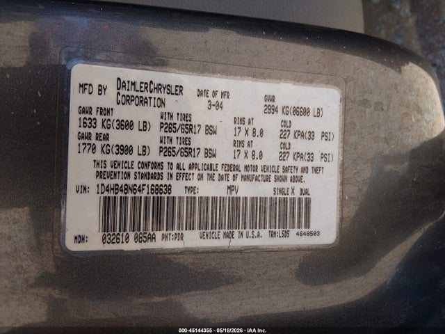 Aukcja sprzedaży 2004 Dodge Durango Slt, vin: 1D4HB48N64F168638, numer aukcji: 45144355