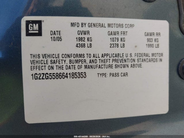 2006 Pontiac G6 მანქანა იყიდება აუქციონზე, vin: 1G2ZG558664185353, აუქციონის ნომერი: 45144359