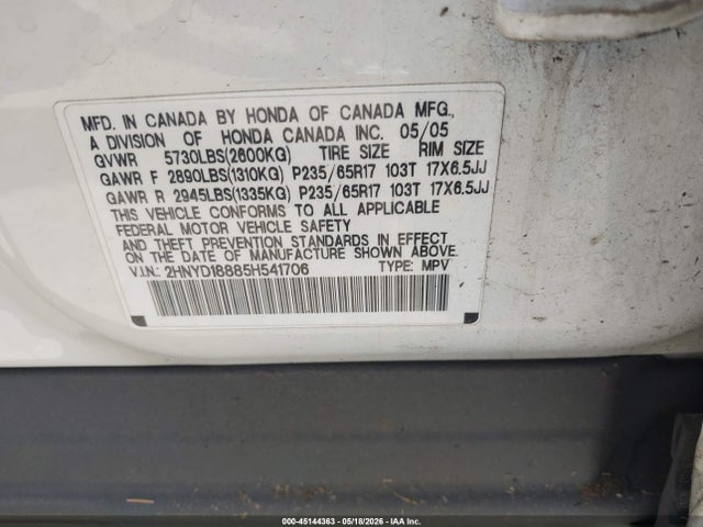 2005 Acura Mdx მანქანა იყიდება აუქციონზე, vin: 2HNYD18885H541706, აუქციონის ნომერი: 45144363