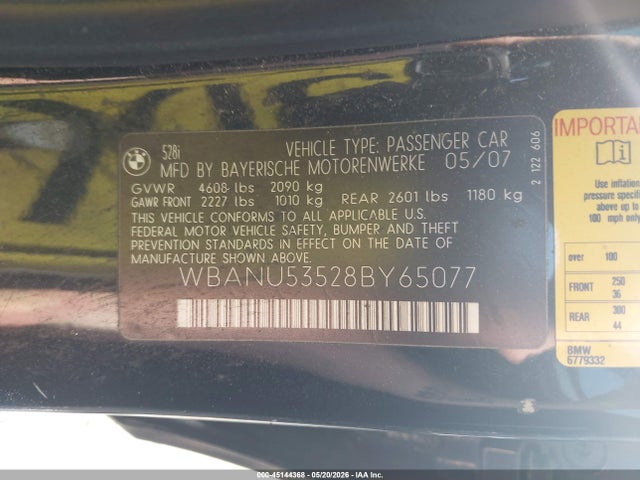 2008 Bmw 528i მანქანა იყიდება აუქციონზე, vin: WBANU53528BY65077, აუქციონის ნომერი: 45144368