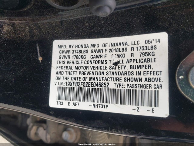 Aukcja sprzedaży 2014 Honda Civic Lx, vin: 19XFB2F52EE046852, numer aukcji: 45144371