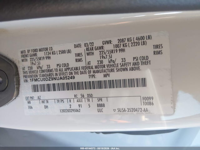Aukcja sprzedaży 2022 Ford Escape Titanium Hybrid, vin: 1FMCU0DZ9NUA05249, numer aukcji: 45144373