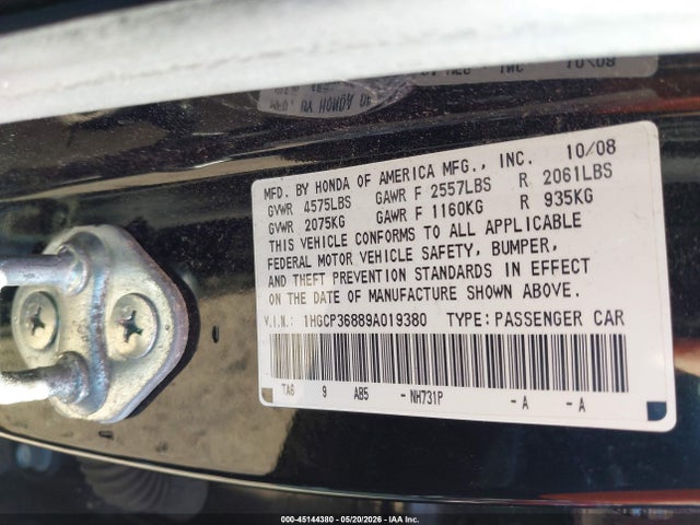 2009 Honda Accord 3.5 Ex-l მანქანა იყიდება აუქციონზე, vin: 1HGCP36889A019380, აუქციონის ნომერი: 45144380