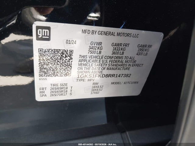 45144382 :رقم المزاد ، 1GKS1FKD8RR147382 vin ، 2024 Gmc Yukon Xl 2wd Sle مزاد بيع