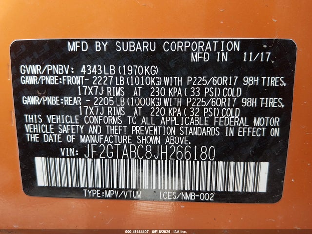 Aukcja sprzedaży 2018 Subaru Crosstrek 2.0i Premium, vin: JF2GTABC8JH266180, numer aukcji: 45144407