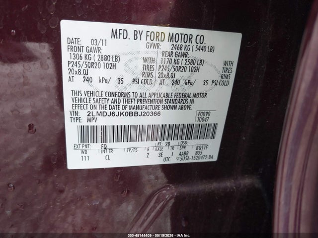 Auction sale of the 2011 Lincoln Mkx, vin: 2LMDJ6JK0BBJ20366, lot number: 45144409