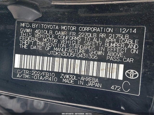 45144419 :رقم المزاد ، JTDKN3DU5F0431306 vin ، 2015 Toyota Prius Three مزاد بيع