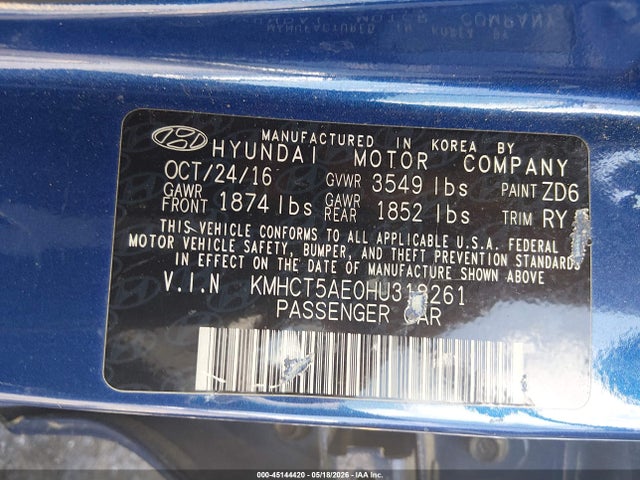 Продажа на аукционе авто 2017 Hyundai Accent Se, vin: KMHCT5AE0HU318261, номер лота: 45144420