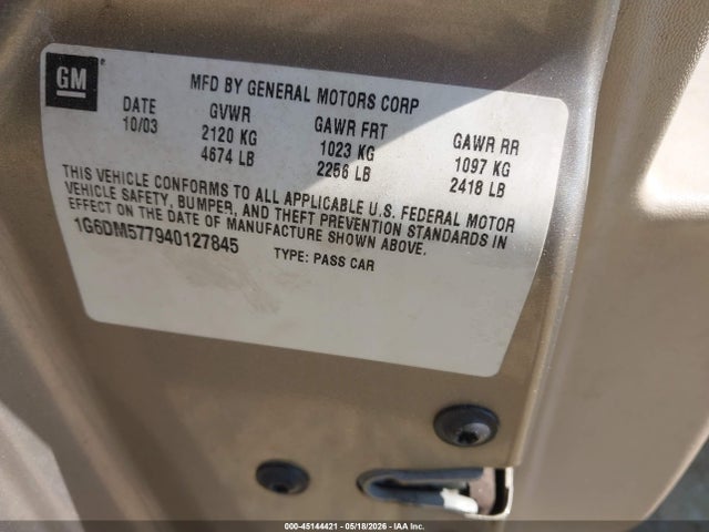 45144421 :رقم المزاد ، 1G6DM577940127845 vin ، 2004 Cadillac Cts Standard مزاد بيع