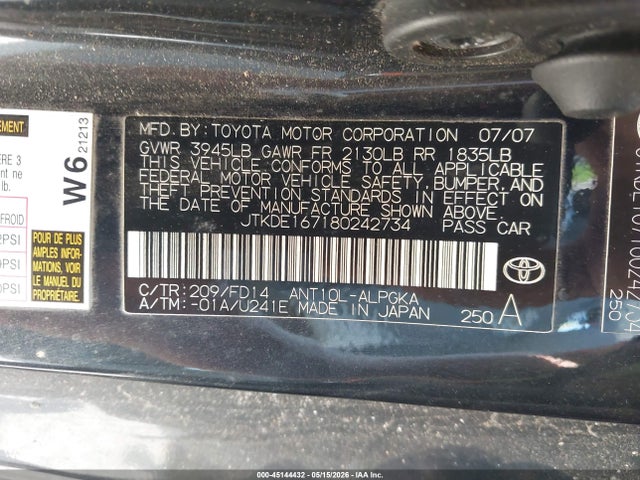 2008 Scion Tc მანქანა იყიდება აუქციონზე, vin: JTKDE167180242734, აუქციონის ნომერი: 45144432