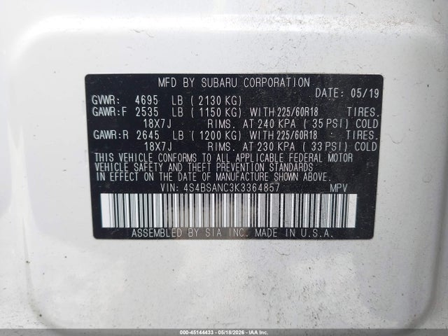 Subaru Outback 2.5i Limited 2019 4S4BSANC3K3364857 Image 9