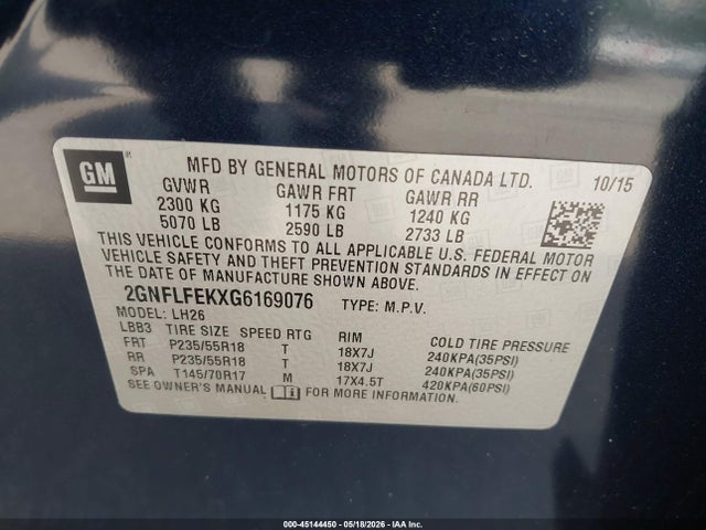 2016 Chevrolet Equinox Lt მანქანა იყიდება აუქციონზე, vin: 2GNFLFEKXG6169076, აუქციონის ნომერი: 45144450