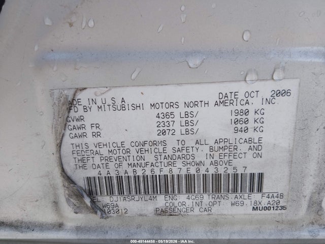 Продаж на аукціоні авто 2007 Mitsubishi Galant De, vin: 4A3AB26F87E043257, номер лоту: 45144458