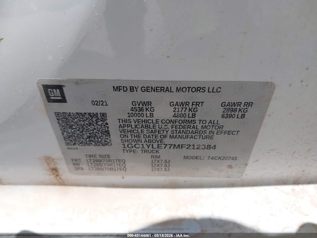 Aukcja sprzedaży 2021 Chevrolet Silverado 2500hd 4wd  Standard Bed Wt, vin: 1GC1YLE77MF212384, numer aukcji: 45144461