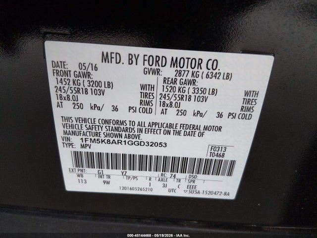 45144468 :رقم المزاد ، 1FM5K8AR1GGD32053 vin ، 2016 Ford Utility Police Interceptor مزاد بيع