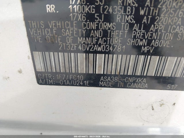 45144473 :رقم المزاد ، 2T3ZF4DV2AW034781 vin ، 2010 Toyota Rav4 مزاد بيع