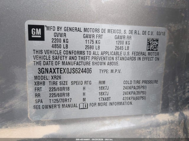 Auction sale of the 2018 Chevrolet Equinox Lt, vin: 3GNAXTEX0JS624406, lot number: 45144481
